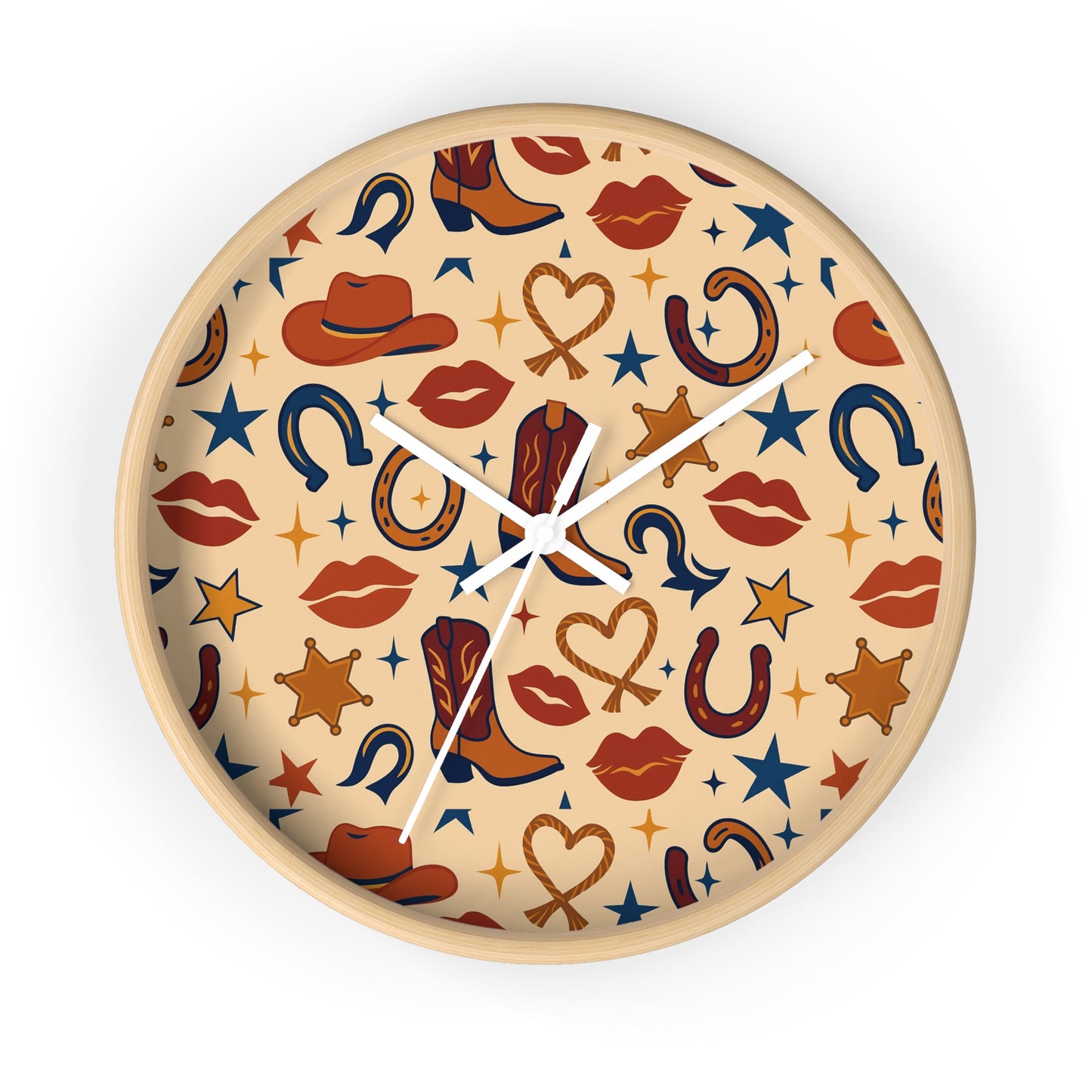 Cowgirl Kiss Wild West Wall Clock – Retro Western Lips, Stars & Boots Pattern