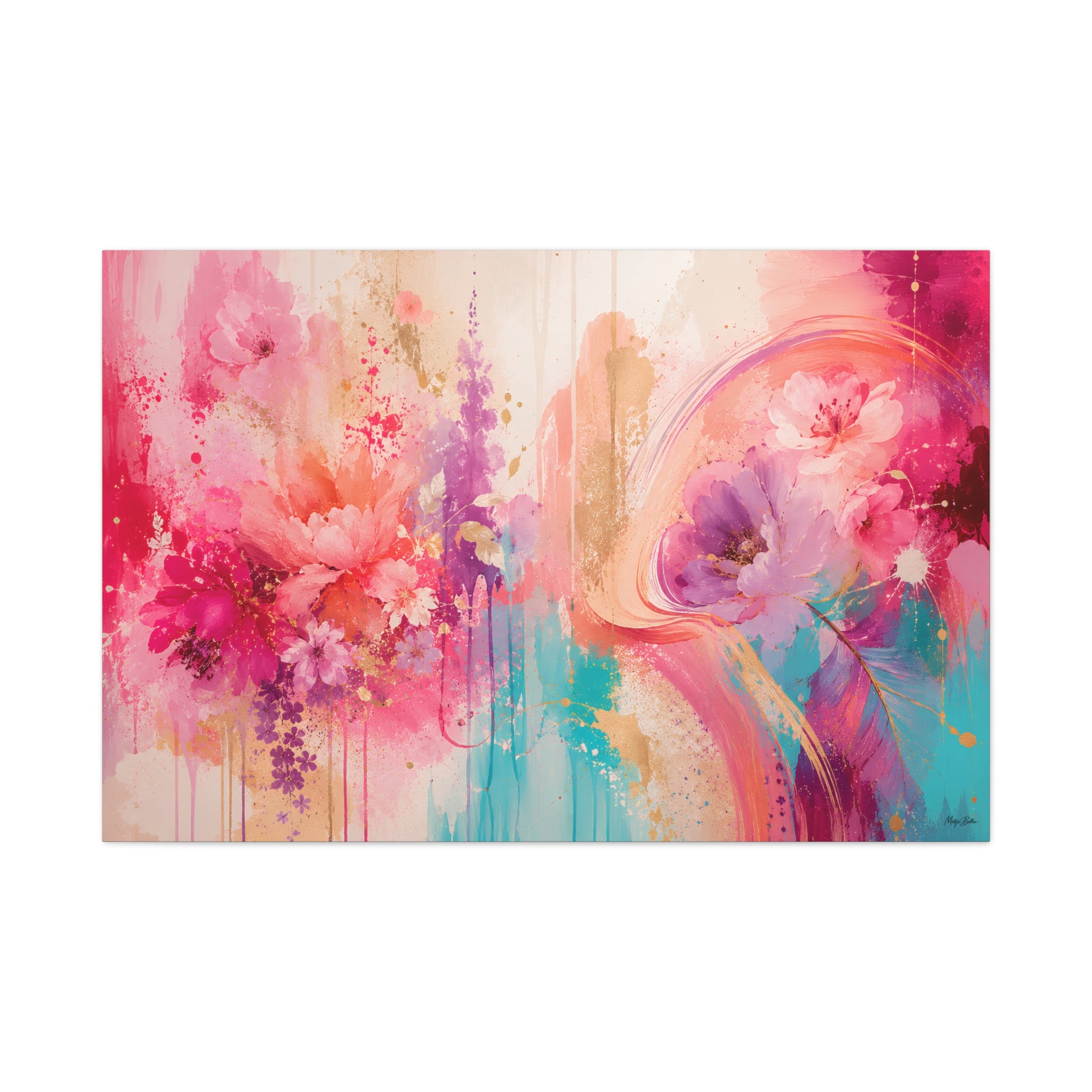 Floral Watercolor Canvas Art - Pink & Turquoise Abstract Bouquet