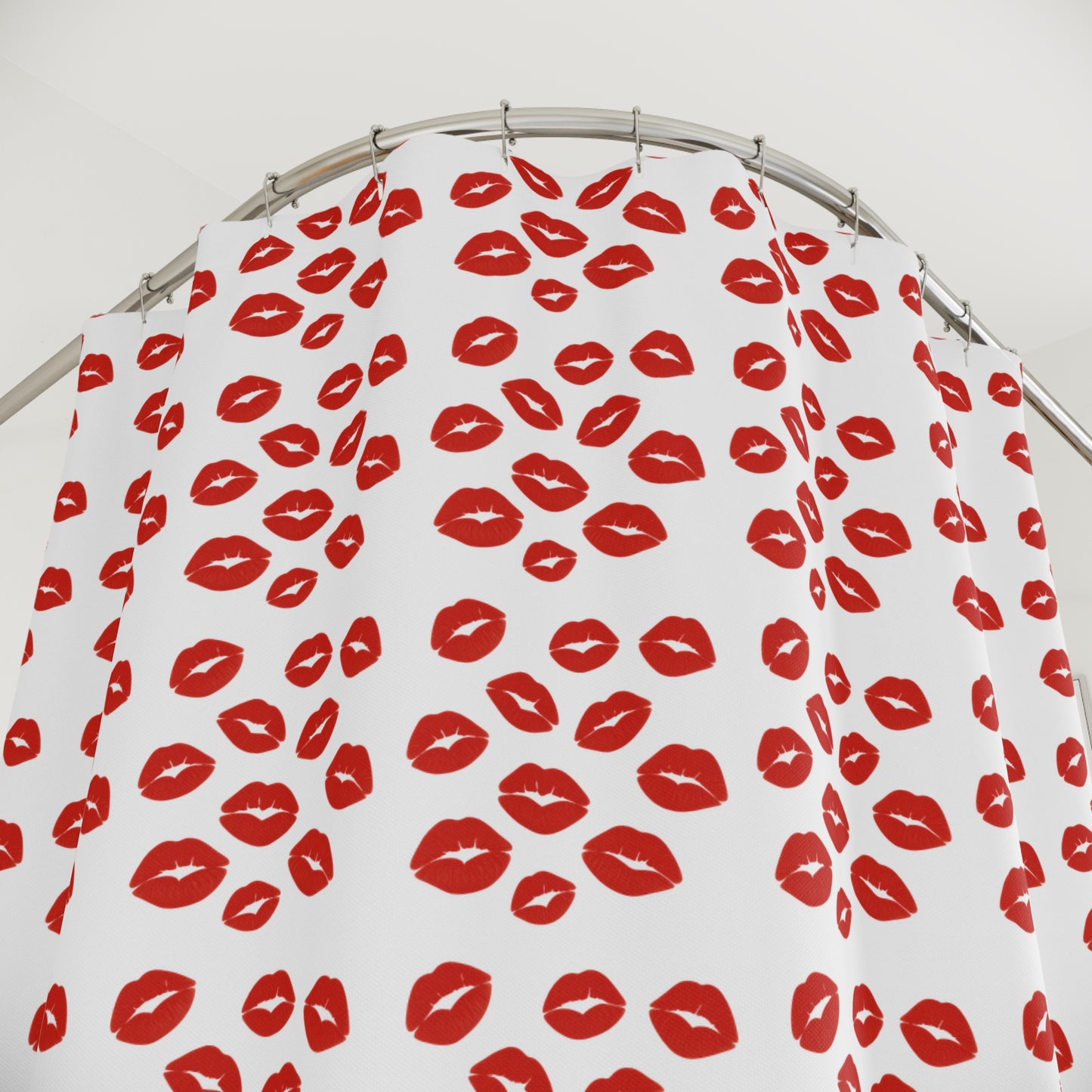 Shower Curtains with vibrant red lip print on durable polyester fabric for a stylish bathroom.