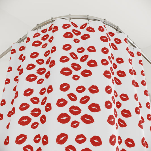 Shower Curtains with vibrant red lip print on durable polyester fabric for a stylish bathroom.