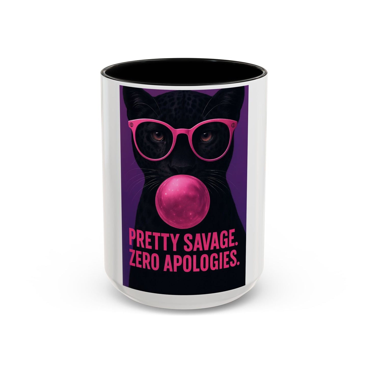 Pretty Savage Zero Apologies™ Pop Art Mug – Bold Black Cat Bubblegum Cup  (15oz)