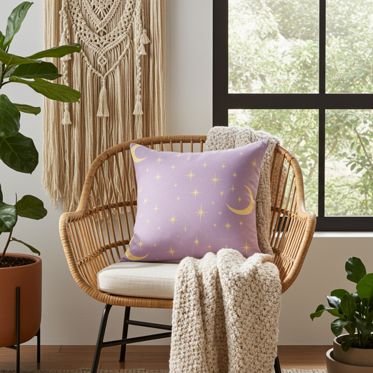 Lavender Moonbeam Throw Pillow — Soft Starry Night Decorative Cushion