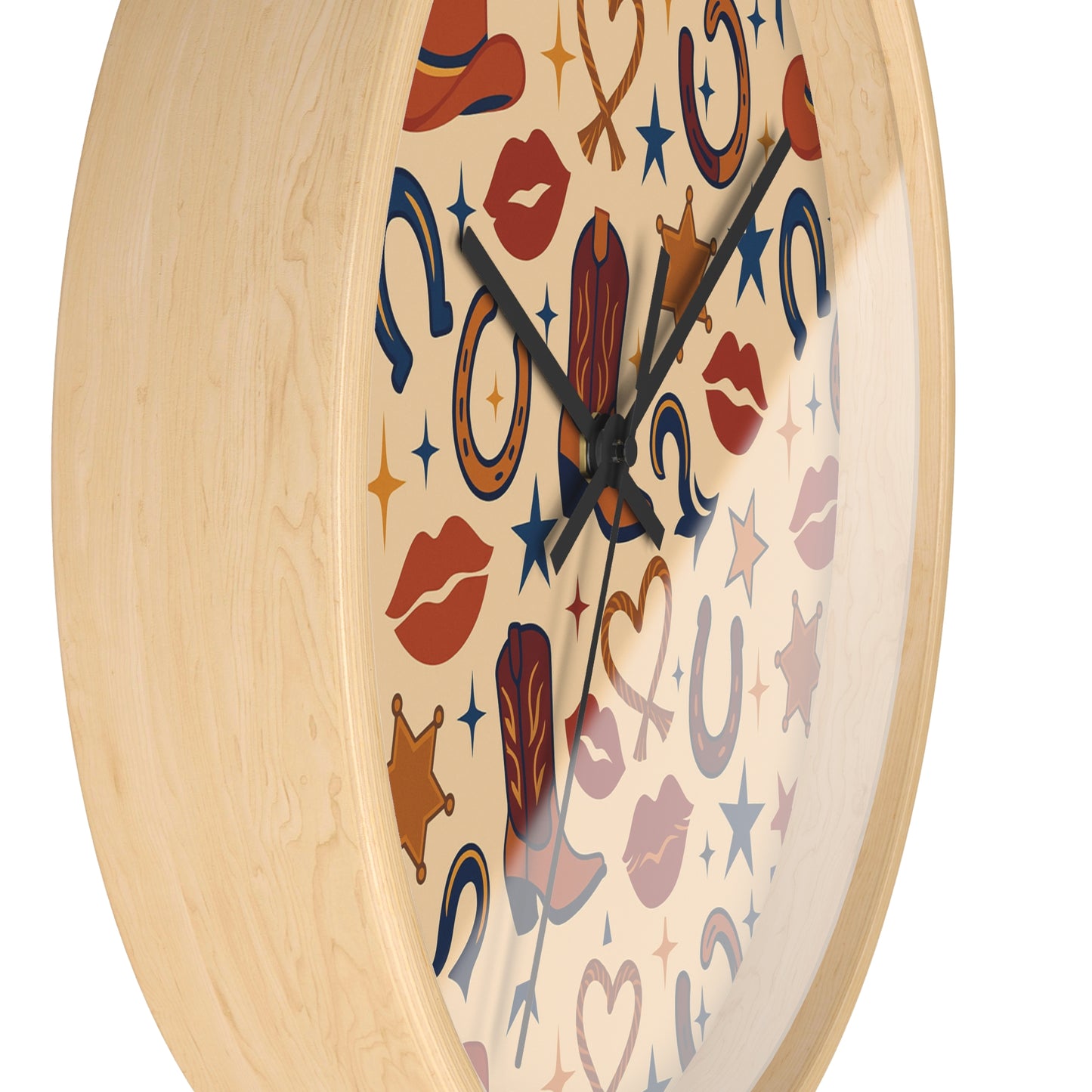 Cowgirl Kiss Wild West Wall Clock – Retro Western Lips, Stars & Boots Pattern