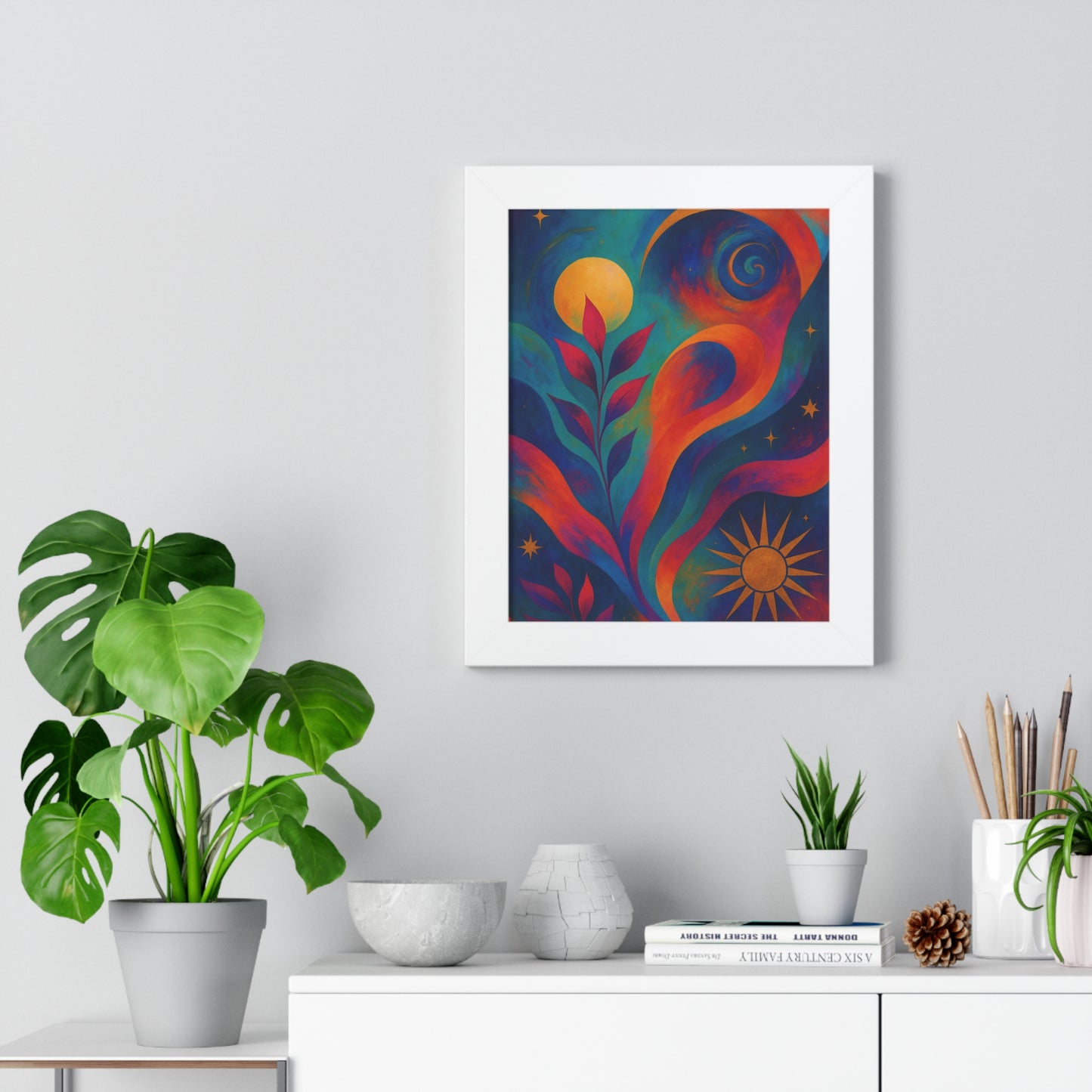 Framed Vertical Poster — Colorful Celestial Botanical Art Print
