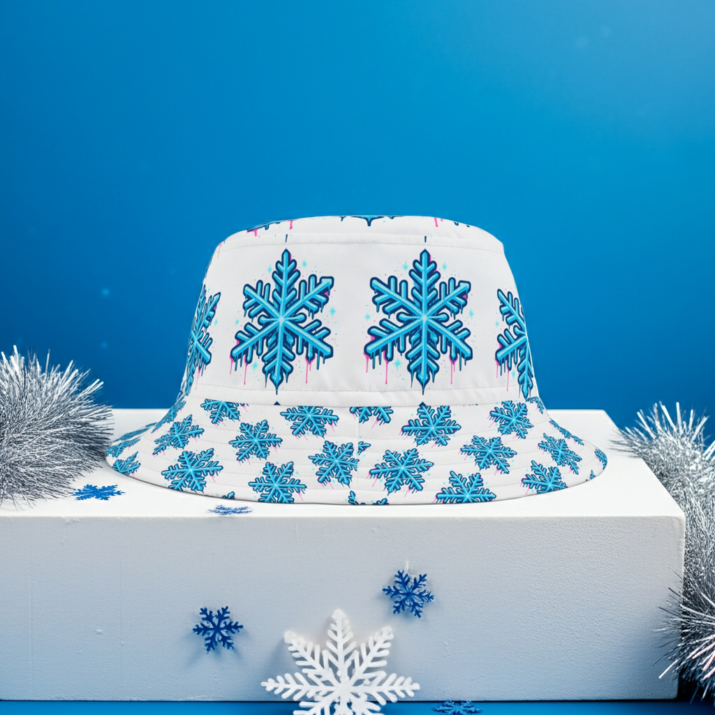 Blue Snowflake Bucket Hat — Winter Patterned All-Over Print Hat