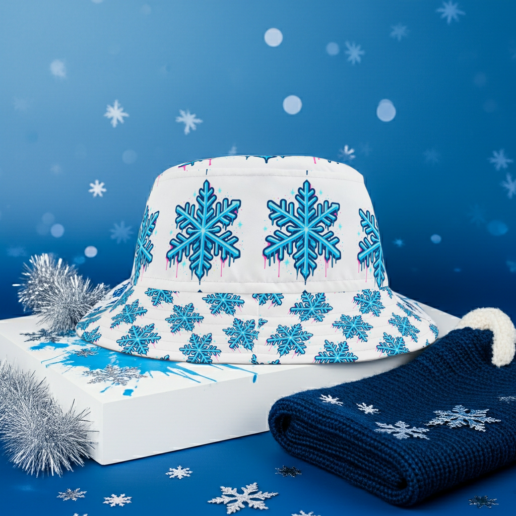 Blue Snowflake Bucket Hat — Winter Patterned All-Over Print Hat