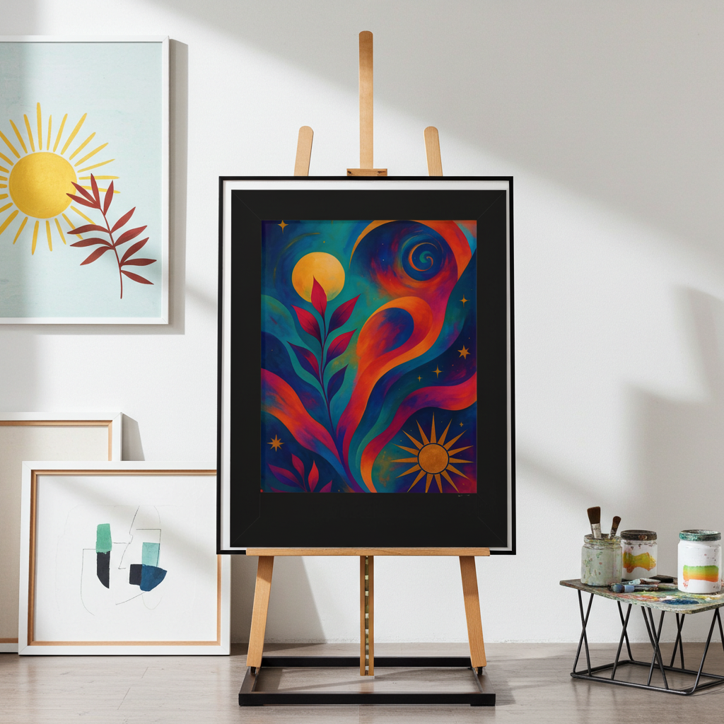 Framed Vertical Poster — Colorful Celestial Botanical Art Print