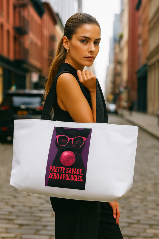 Weekender Tote Bag — "Pretty Savage, Zero Apologies" Cat Design & Kiss Print