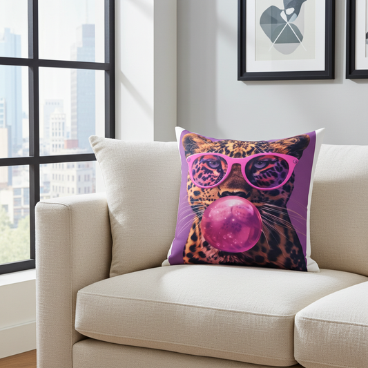 Savage Cat Bubblegum Throw Pillow — Neon Leopard Pop-Art Accent Cushion