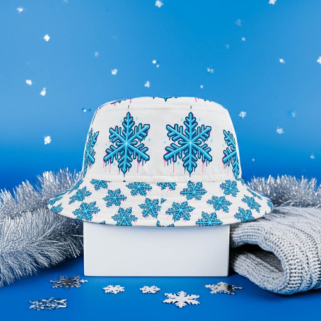 Blue Snowflake Bucket Hat — Winter Patterned All-Over Print Hat