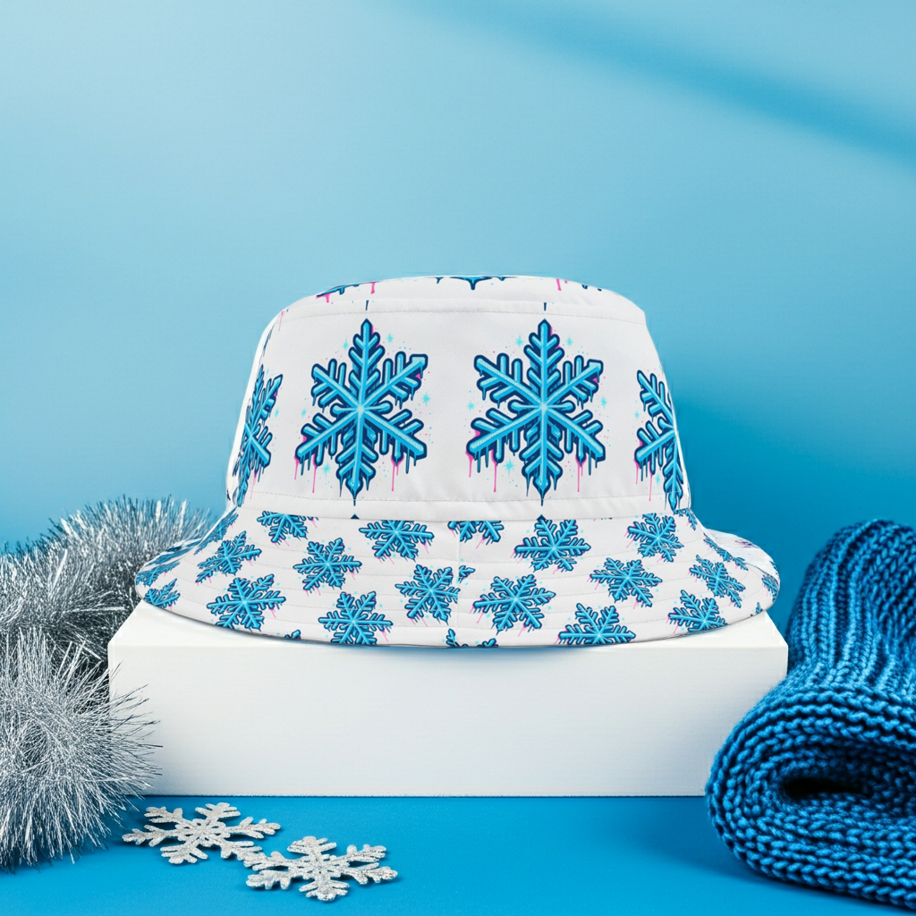 Blue Snowflake Bucket Hat — Winter Patterned All-Over Print Hat