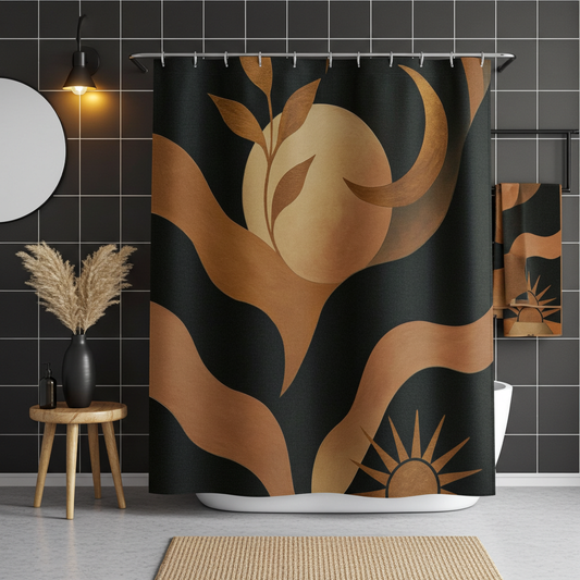 Boho Sun & Leaf Shower Curtain — Minimal Earthy Abstract Bathroom Decor