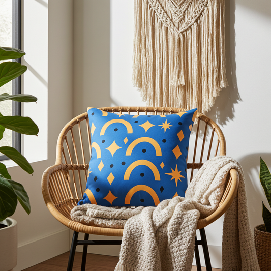 Retro Rainbow & Stars Throw Pillow — Bold Mid-Century Modern Accent Cushion