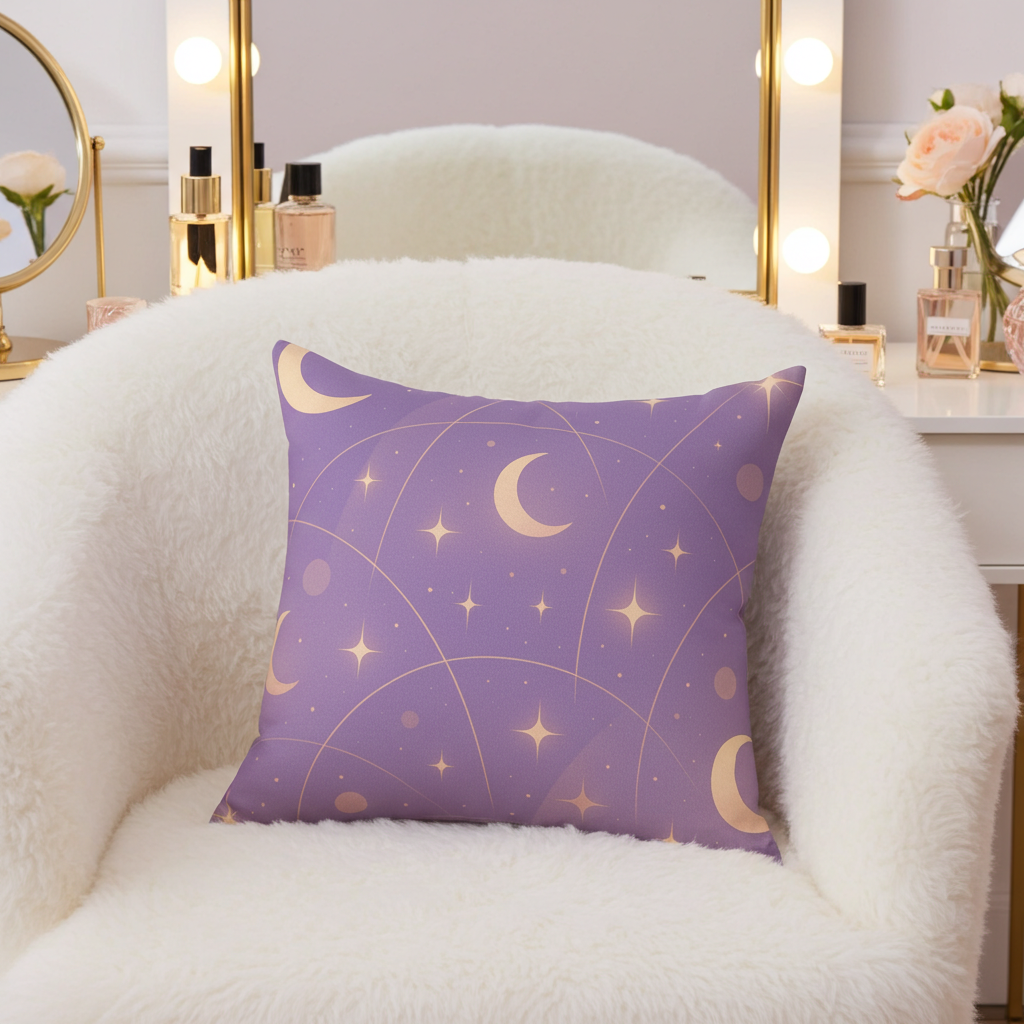 Lavender Moonlit Sky Throw Pillow — Soft Celestial Decorative Cushion