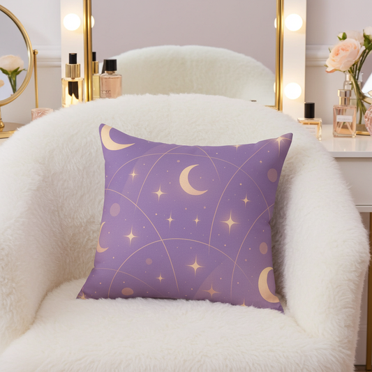 Lavender Moonlit Sky Throw Pillow — Soft Celestial Decorative Cushion