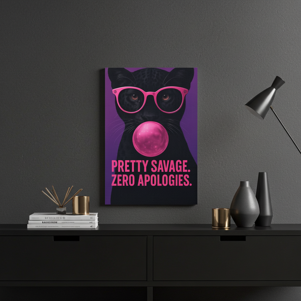 Canvas Wall Art — "Pretty Savage. Zero Apologies." Black Cat Pop Art