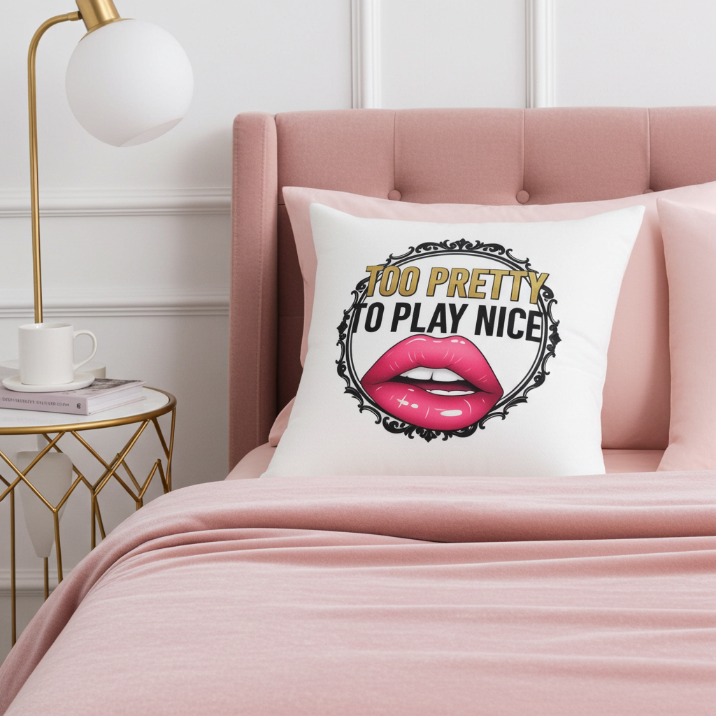 Decorative Pillow — "Too Pretty to Play Nice" Lip Art Square Throw Pillow