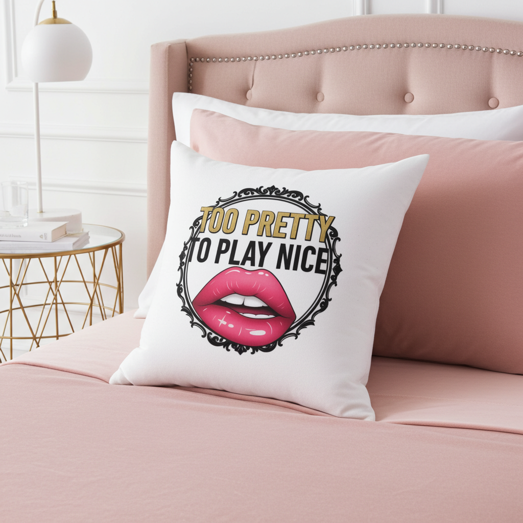 Decorative Pillow — "Too Pretty to Play Nice" Lip Art Square Throw Pillow