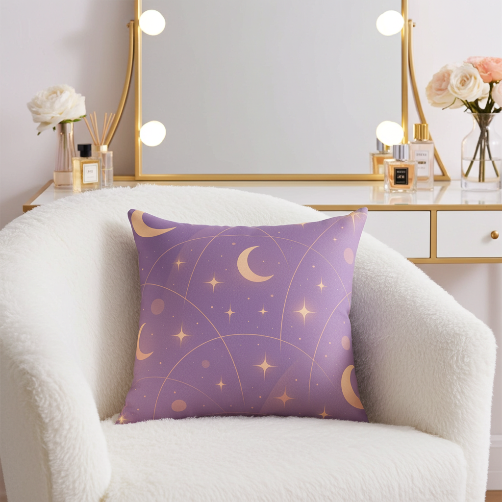 Lavender Moonlit Sky Throw Pillow — Soft Celestial Decorative Cushion